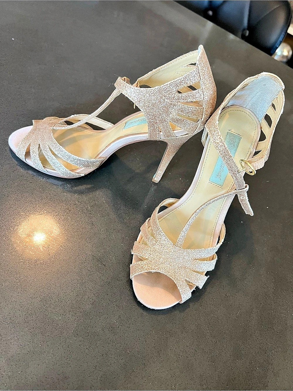 Betsey Johnson Blue and
Champagne Gold Glitter T Strap
Heels - Size 6
